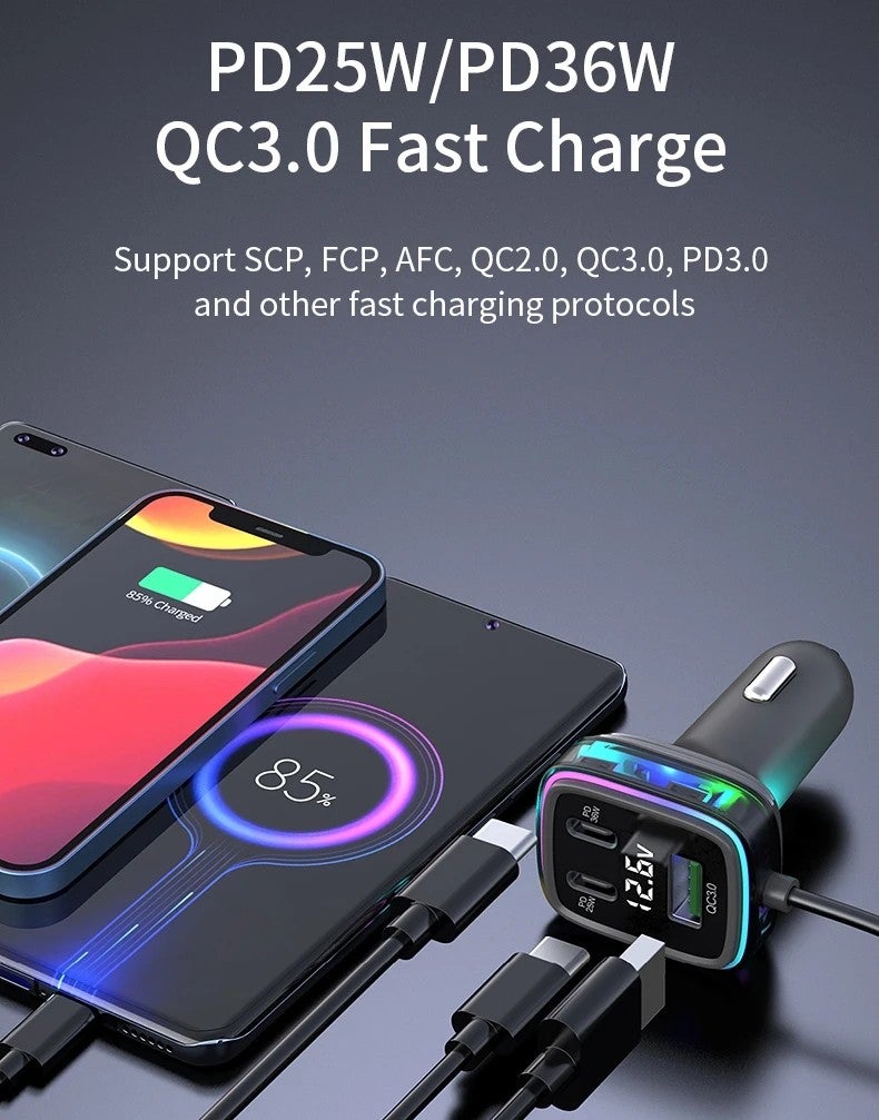 Bluejw 115W 6-Port USB Car Charger Adapter - 12-24V Fast QC 3.0 PD Cigarette Lighter Splitter, USB-C Socket Automobile Charger for Phones, Tablets & More - Image 5